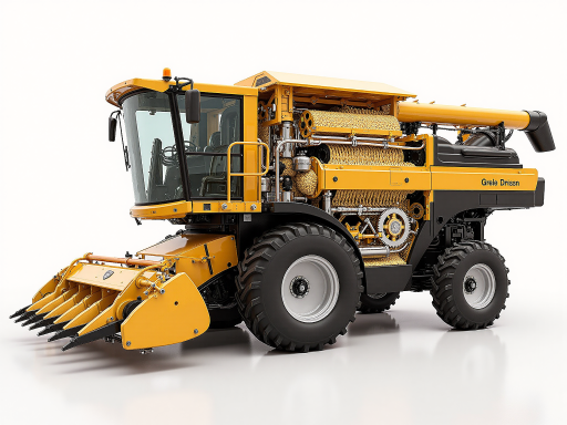 联合收割机正在稻田中作业，机器庞大，黄色机身，周围是金黄的稻谷