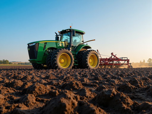 大型农用拖拉机，红色车身，履带式设计，停放在农田中，阳光照射下显得威武壮观
